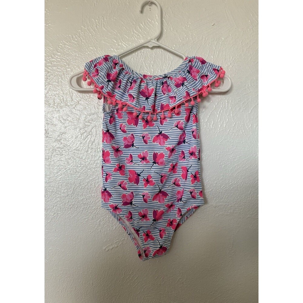 Nicole Miller Girls Pink And Blue One Piece Ruffled Neck Swimsuit Size 7/8